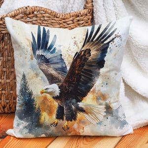Bald Eagle Watercolor Throw Pillow Cover - Cotton Linen Cushion for Rustic & Nature Decor, Blue and Earth Tones
