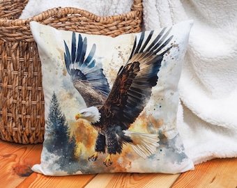 Bald Eagle Watercolor Throw Pillow Cover - Cotton Linen Cushion for Rustic & Nature Decor, Blue and Earth Tones