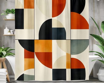 Geometric Shower Curtain, Retro Modern Shapes in Black, Rust, Beige, Orange, Mid Century Inspired Bathroom Decor, Bold Abstract Gift