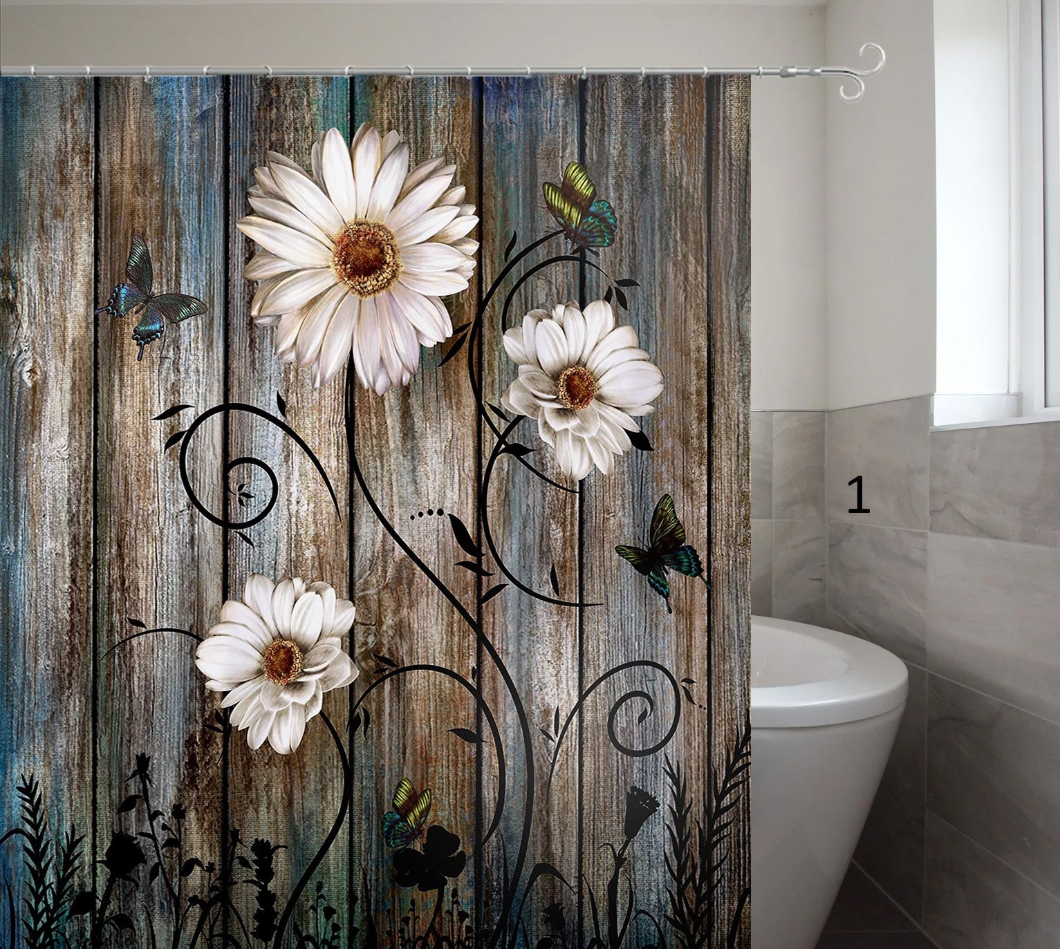 Floral Rustic Shower Curtain Daisy Flowers Waterproof Washable Polyester Fabric Bathroom Curtains