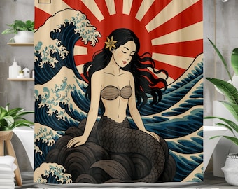 Sjöjungfru Ukiyo-e duschdraperi, japansk vågkonst, retro badrumsdekor med havsmotiv
