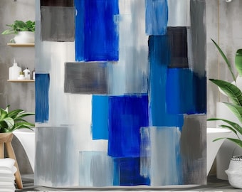 Abstract Blue Grey Shower Curtain, Modern Geometric Bathroom Decor, Waterproof Fabric Curtain for Artistic Home, Large Shower Curtain