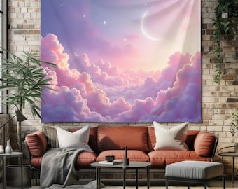 Roze wolktapijt, dromerige pastelkleurige luchtmuur hangend, wassende maan esthetisch decor, kawaii fairycore kamerkunst, gezellig hemels cadeau