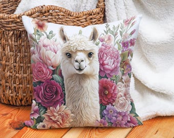 Alpaca Cushion Cover Cotton Linen Pillowcase Floral Design Throw Pillow Cover Decorative Cushion for Living Room or Bedroom