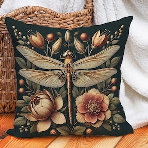 Golden Dragonfly Throw Pillow Cover - Cotton Linen Cushion William Morris Art Style Botanical Decor, Black and Earth Tones