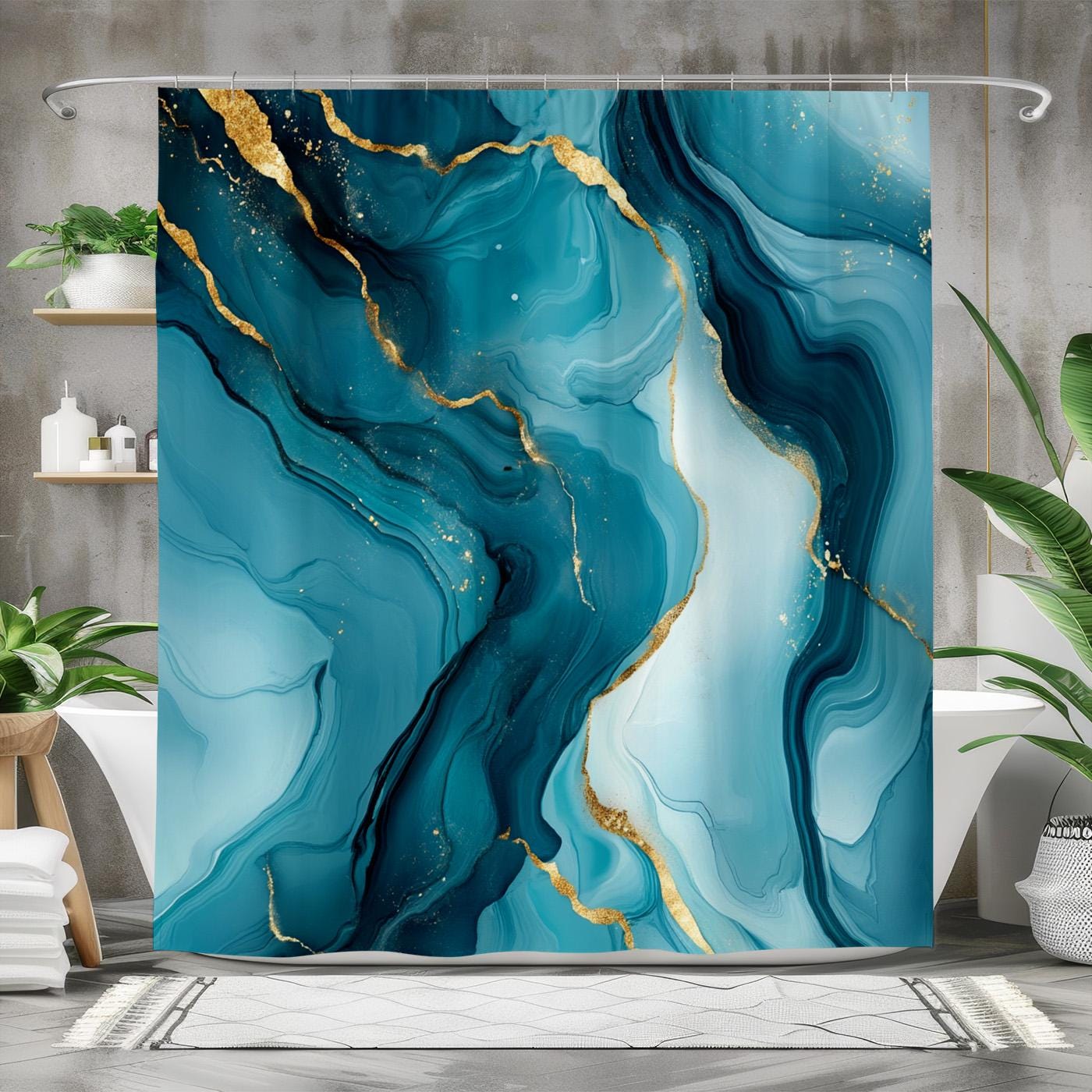 Tenda Doccia Verde E Oro Con Stampa Marmo E Glitter - 182x182 Cm + Ganci