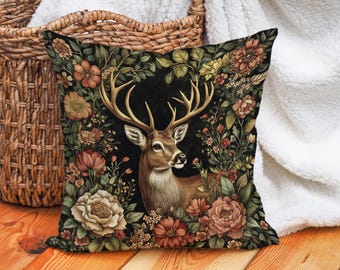 Deer Floral Throw Pillow Cover - Rustic Cotton Linen Cushion for Elegant Woodland Decor, Black and Earth Tones