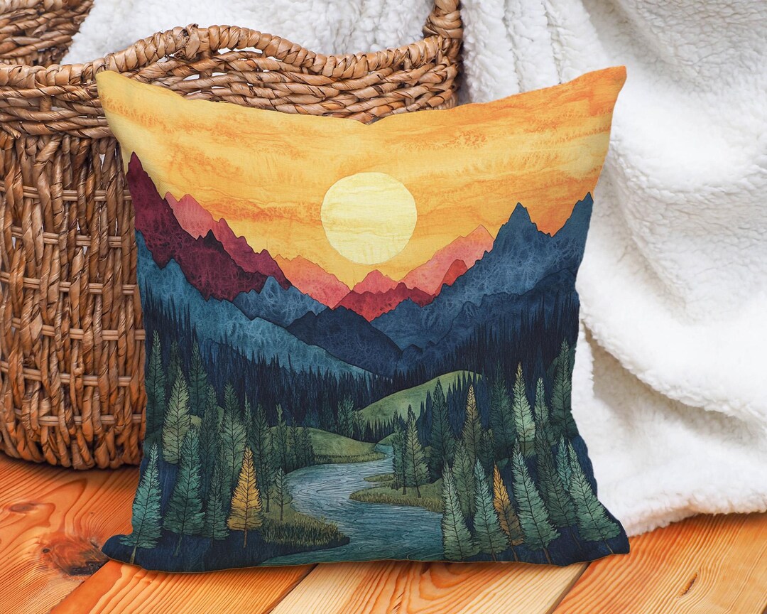 Mountain Forest Sunset Pillow Cover Vivid Landscape Art Double