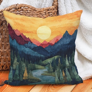 Mountain Forest Sunset Pillow Cover Vivid Landscape Art Double Sided Print Cushion with Hidden Zipper Nature Lover Gift Rustic Cabin Decor