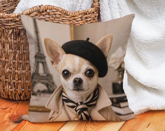 Pariser Chihuahua-Kissenbezug, schickes Hundeliebhaberkissen, modischer Chihuahua-Kissenbezug, Paris Style Home Decor Geschenk