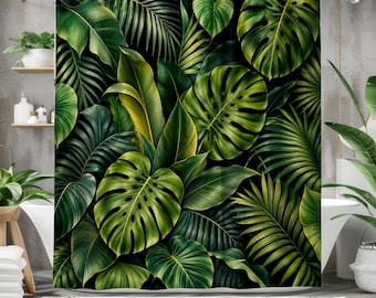 Tropical Leaf Shower Curtain, Green Monstera Bathroom Decor, Dark Botanical Jungle Curtain, Palm Leaf Bath Decor, Nature Inspired Bathroom