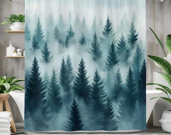 Misty Blue Forest Shower Curtain, Waterproof Fabric Bath Curtain, Nature-Inspired Bathroom Decor, Tranquil Pine Tree Design Woodland Forest