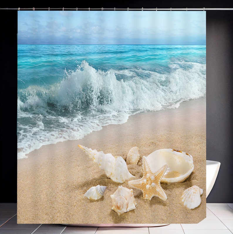 Beach Themed Shower Curtain Coastal Seaside Bath Decor Tropical Ocean