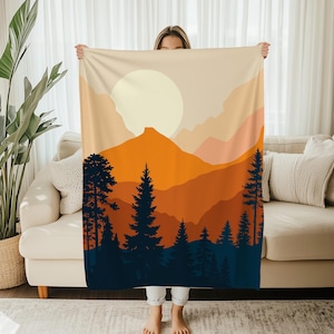 Sunset Mountain Fleece Flannel Blanket – Warm Soft Throw with Bold Landscape Art – Cozy Couch or Travel Blanket – Adventure Home Gift