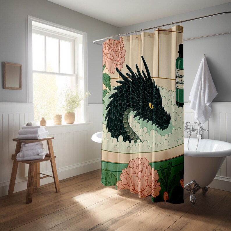 Dragon Bath Shower Curtain, Whimsical Fantasy Bathroom Decor, Waterproof Quick Dry Fabric image 3