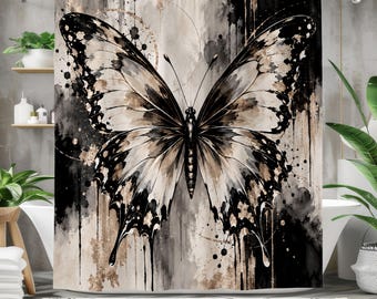 Abstract Butterfly Shower Curtain, Black Beige Watercolor Art, Neutral Modern Bathroom Decor, Boho