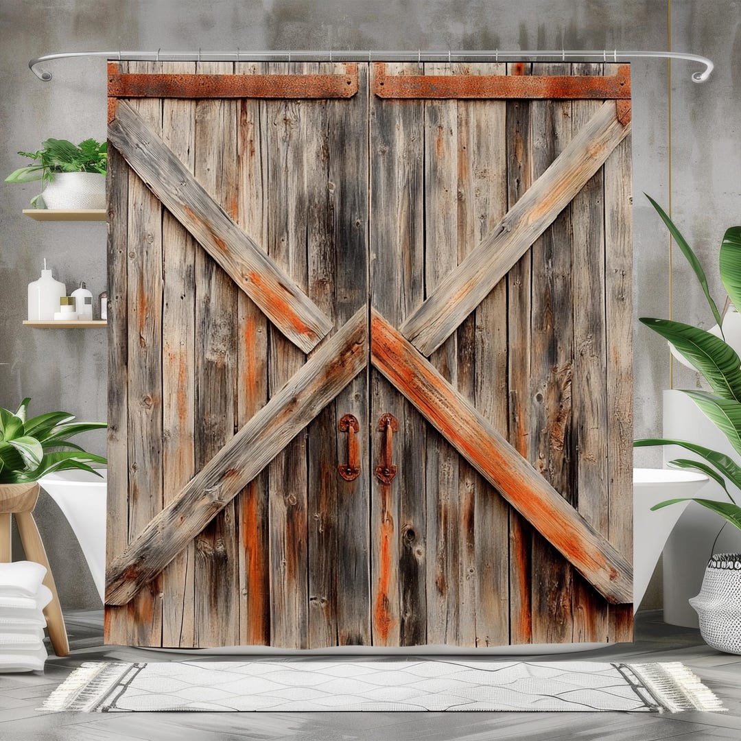 Shower Curtain Rustic Barn Door Farmhouse Shabby Wooden Door 60Wx72H Inch Vintage Chic
