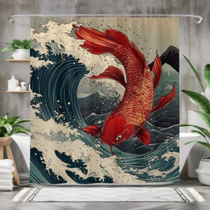 Red Koi Fish Shower Curtain Japanese Wave Design, Bold Zen Ocean Bathroom Art, Lucky Fish Decor, Masculine Asian Style Gift for Him