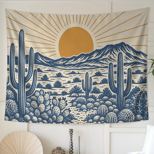 Southwest Desert Wall Tapestry with Sun and Cactus | Bold Western Landscape Wall Hanging for Boho Dorm, Living Room, or Creative Studio