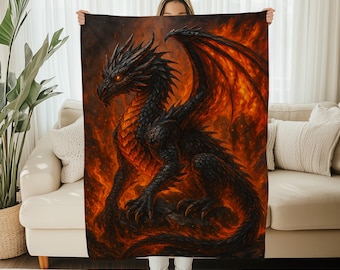 Manta de franela polar con diseño de dragón de fuego, arte fantástico de dragón negro ardiente, decoración para habitación de gamer, regalo épico y acogedor, manta suave de criatura mítica.