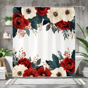 Burgundy Floral Shower Curtain, Romantic Red and Ivory Flower Bathroom Decor, Elegant Vintage Fabric Curtain for Classic or Modern Homes