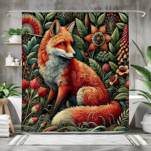 Charming Fox Shower Curtain Bath Curtain, Whimsical Animal Bathroom Decor, Vibrant Nature Waterproof Fabric, William Morris Art
