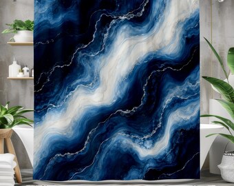 Navy Blue Marble Shower Curtain, Abstract Agate Art, Indigo Geode Bathroom Decor, Modern Blue White Luxury Bath Curtain