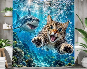 Funny Cat Shark Shower Curtain, Underwater Cat Bathroom Decor, Ocean Adventure Art, Shark Lover Gift, Colorful Coastal Bath Curtain