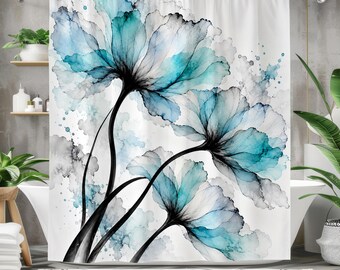 Aqua Blue Floral Shower Curtain, Abstract Watercolor Flowers, Teal Turquoise Botanical Art, Modern White Bathroom Decor, Blue Flower
