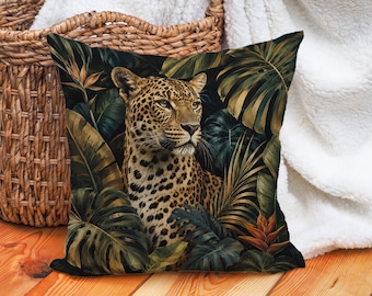 Leopard Pillow Cover, Tropical Jungle Cushion, Dark Botanical Throw Pillow, Exotic Wildlife Decor, Maximalist Animal Home Accent Gift