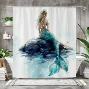Serene Mermaid Shower Curtain, Waterproof Fabric Bath Curtain, Peaceful Ocean Bathroom Decor, Watercolor Mermaid on Rock Design