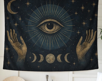 Mystic The All-seeing Eye Tapestry with Moon Phases – Celestial Wall Art, Occult Third Eye Decor, Dark Astrology Tapestry, Witchy