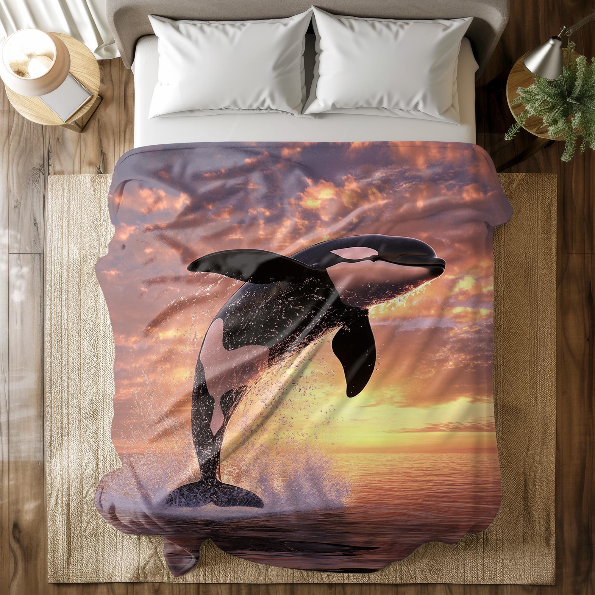 Orca Whale Sunset Blanket – Stunning Marine Life Throw With