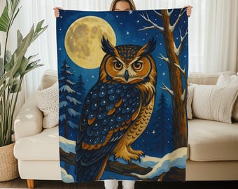 Owl Moon Blanket Fleece Flannel Throw – Mystical Forest Art – Night Owl Decor Cozy Winter Gift – Snowy Animal Blanket Witchy Woodland Throw