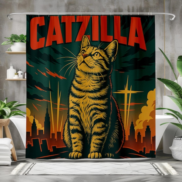 Catzilla Shower Curtain, Funny Cat Bathroom Decor, Bold Retro Comic Style, Giant Tabby Cat Art, Gift for Him, Nerdy Bathroom Upgrade