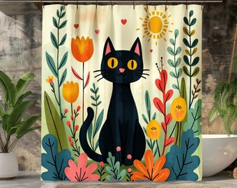 Black Cat Shower Curtain, Whimsical Floral Bathroom Decor, Cute Animal Art Print for Cat Lovers, Colorful Fun Gift for Her or Kids
