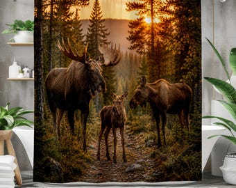 Moose Family Shower Curtain, Woodland Wildlife Bathroom Decor, Rustic Cabin, Forest Moose Bathroom Curtain, Lodge Nature Decor