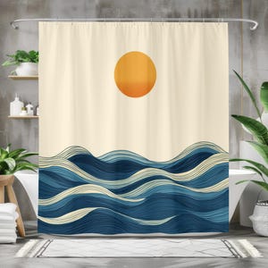 Abstract Ocean Waves Shower Curtain, Modern Bath Curtain, Bathroom Decor, Waterproof Fabric, Sun and Design, Minimalist Nautical Theme