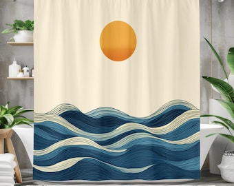 Tenda da doccia con onde astratte dell'oceano, tenda da bagno moderna, arredamento per il bagno, tessuto impermeabile, sole e design, tema nautico minimalista