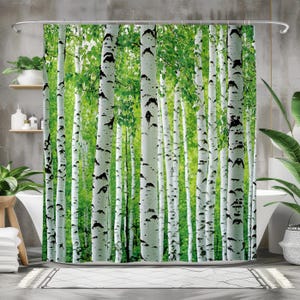 Birch Tree Forest Shower Curtain, Waterproof Fabric Bath Curtain, Nature-Inspired Bathroom Decor, Green and White Scenic Design, Home Decor