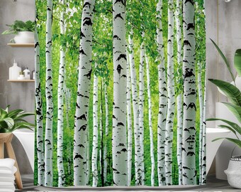 Birch Tree Fall Shower Curtain - Autumn Forest Landscape Bathroom Decor With Hooks, 70x84 Inches