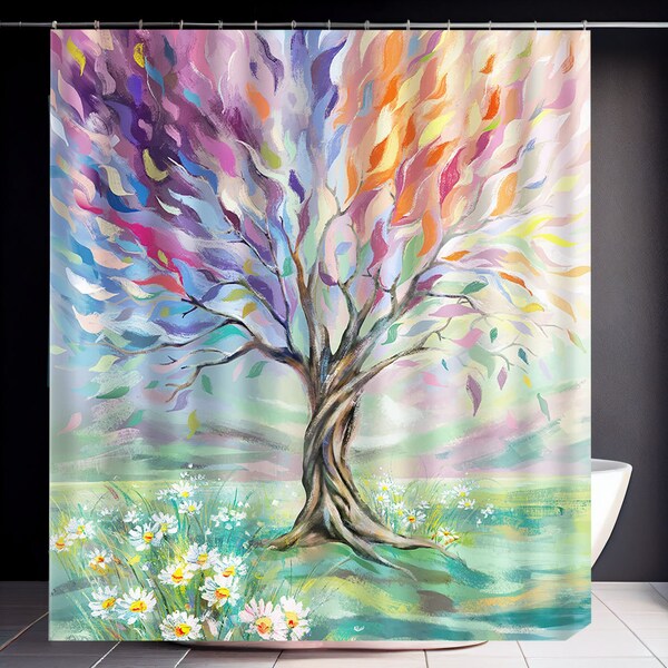 Tree Shower Curtain Colorful Art Durable Bathroom Curtain Waterproof Polyester Fabric Floral Unique Artistic Bath Decor with Hooks Gift