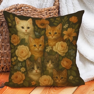 Vintage Cat Pillow Cover with Kittens and Floral Garden Design, Cozy Cottagecore Cushion for Sofa, Gift for Cat Lover or Rustic Home Decor