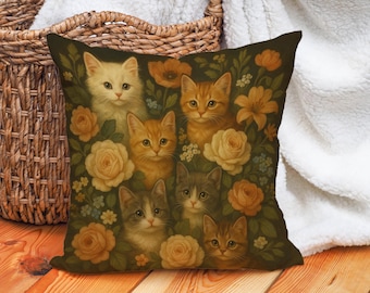Vintage Cat Pillow Cover with Kittens and Floral Garden Design, Cozy Cottagecore Cushion for Sofa, Gift for Cat Lover or Rustic Home Decor