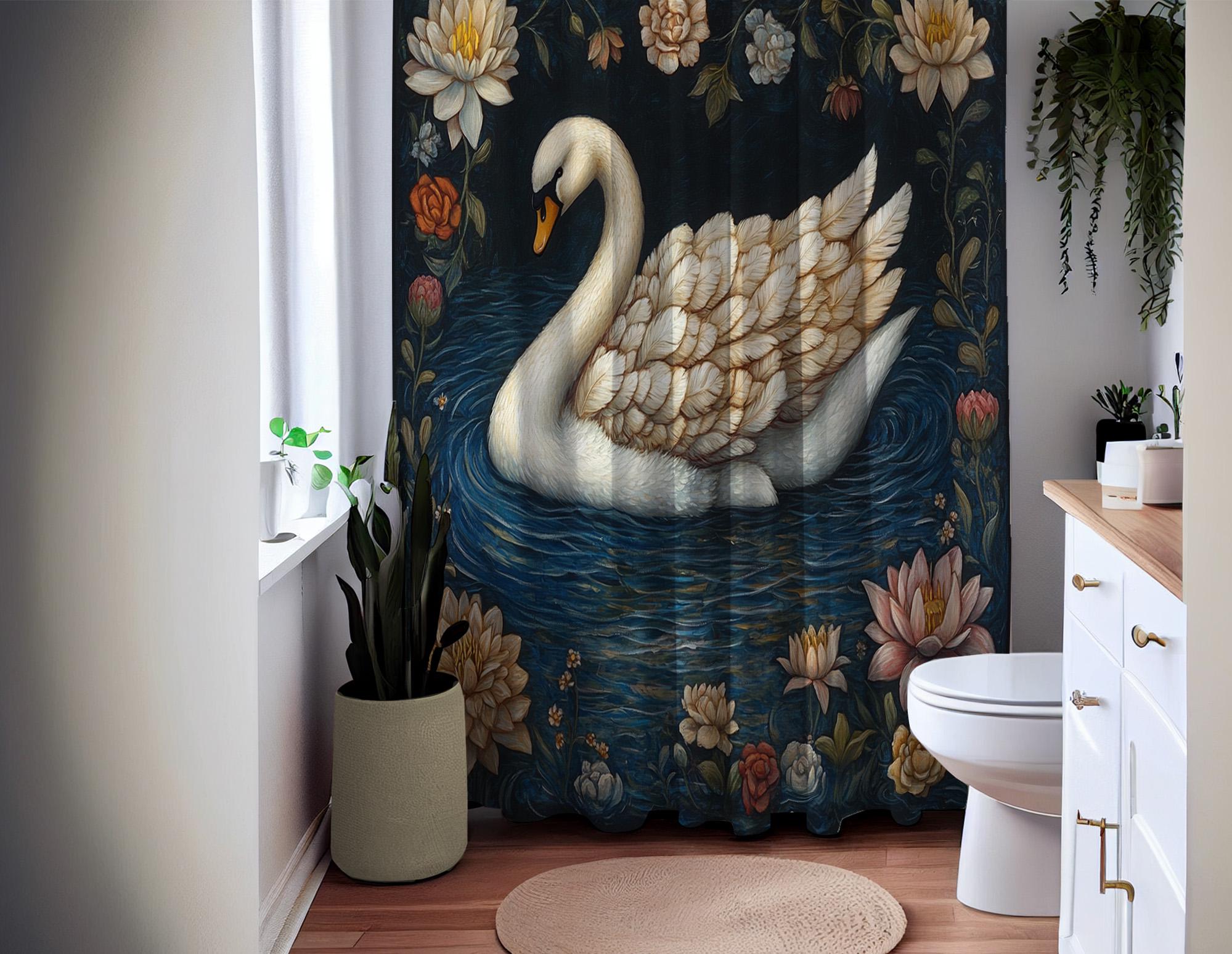 Tenda da doccia con cigni vintage - Decorazione da bagno con uccelli