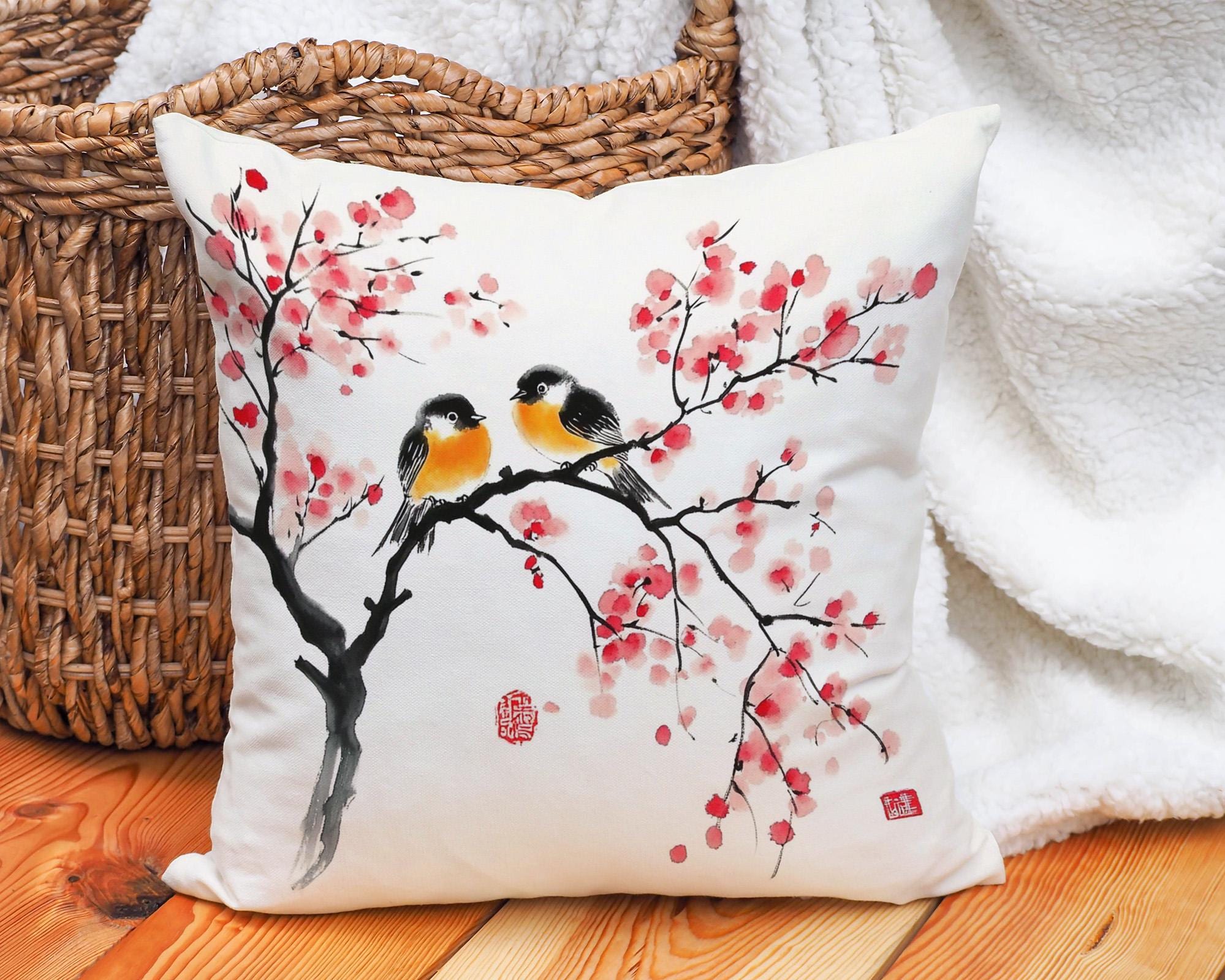 Cherry Blossom Birds Cushion Cover Japanese Art Pillowcase Decorative Throw Pillow Cover Cotton Linen Accent for Sofa or Bedroom