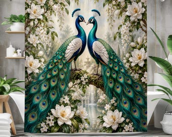 Peacock Shower Curtain, White Magnolia Floral Bathroom Decor, Elegant Peacock Garden Art, Teal Botanical Bath Curtain, Romantic Nature Decor
