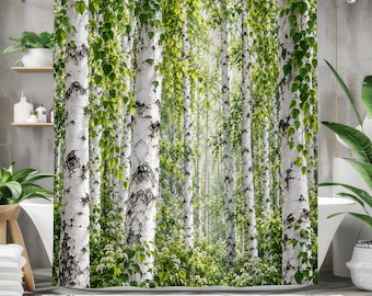 Birch Forest Shower Curtain, Green Woodland Bathroom Decor, White Birch Tree Nature Art, Fresh Forest Bath Curtain, Cottage Cabin Decor
