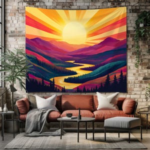 Mountain Sunset Wall Hanging Tapestry – Vibrant Sunrise Landscape Tapestries for Boho Decor, Nature-Inspired Room Aesthetic, Large Wall Art