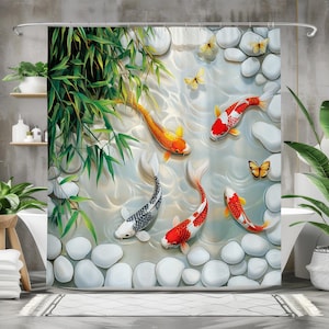 Koi Fish Shower Curtain, Waterproof Fabric Bath Curtain, Nature Bathroom Decor, Zen Pond Design, Japanese Garden Art
